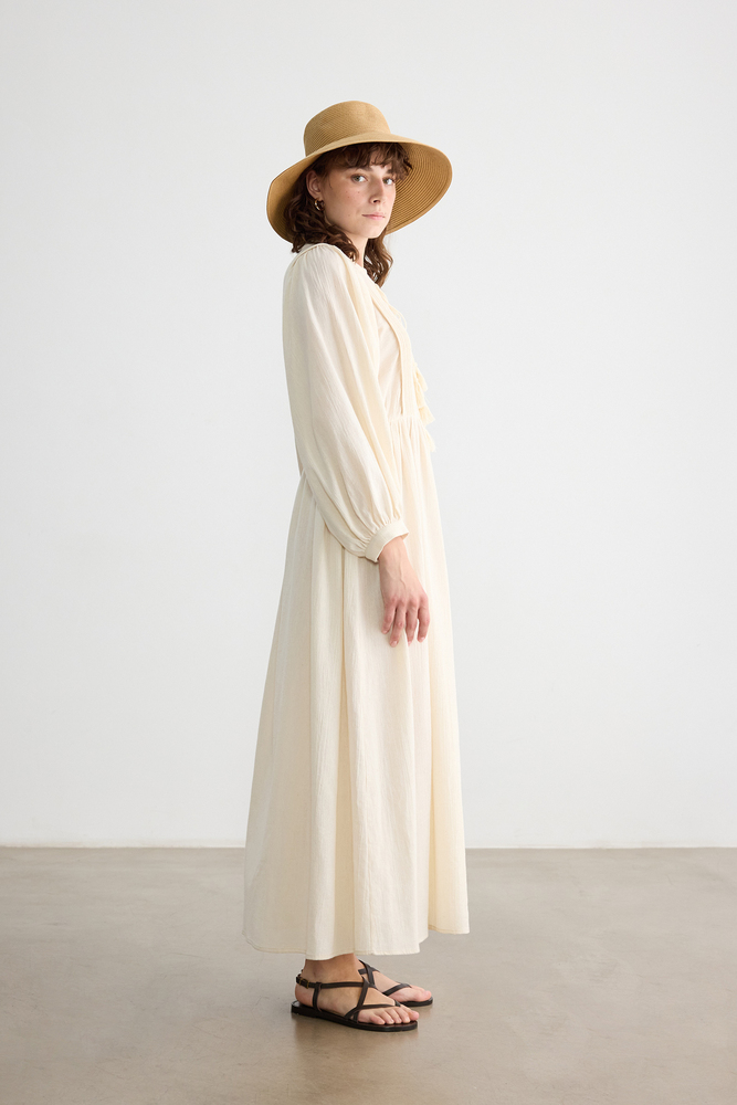 BE BLUE - NATÜREL NAKIŞ DETAYLI DOKULU ELBİSE