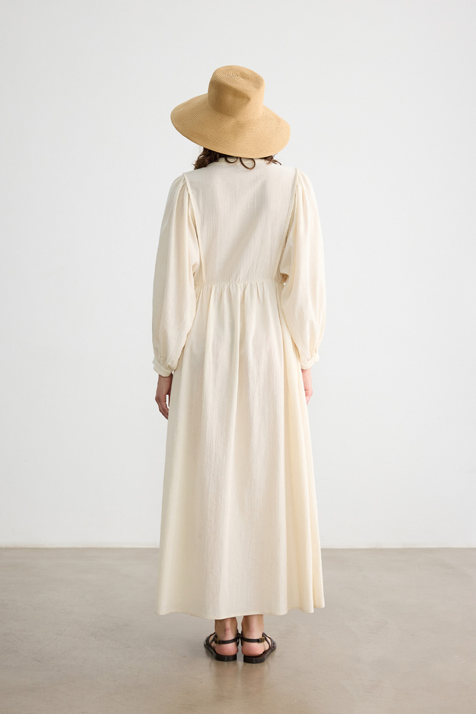 BE BLUE - NATÜREL NAKIŞ DETAYLI DOKULU ELBİSE