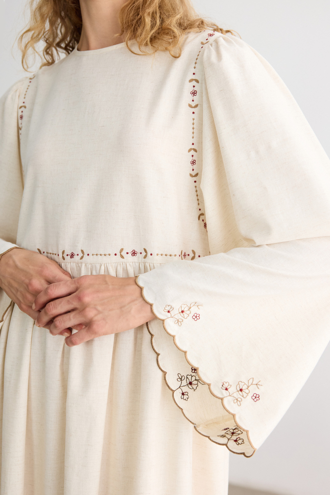 BE BLUE - NATÜREL NAKIŞ DETAYLI PAMUK KETEN ELBİSE