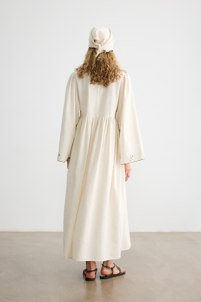 BE BLUE - NATÜREL NAKIŞ DETAYLI PAMUK KETEN ELBİSE