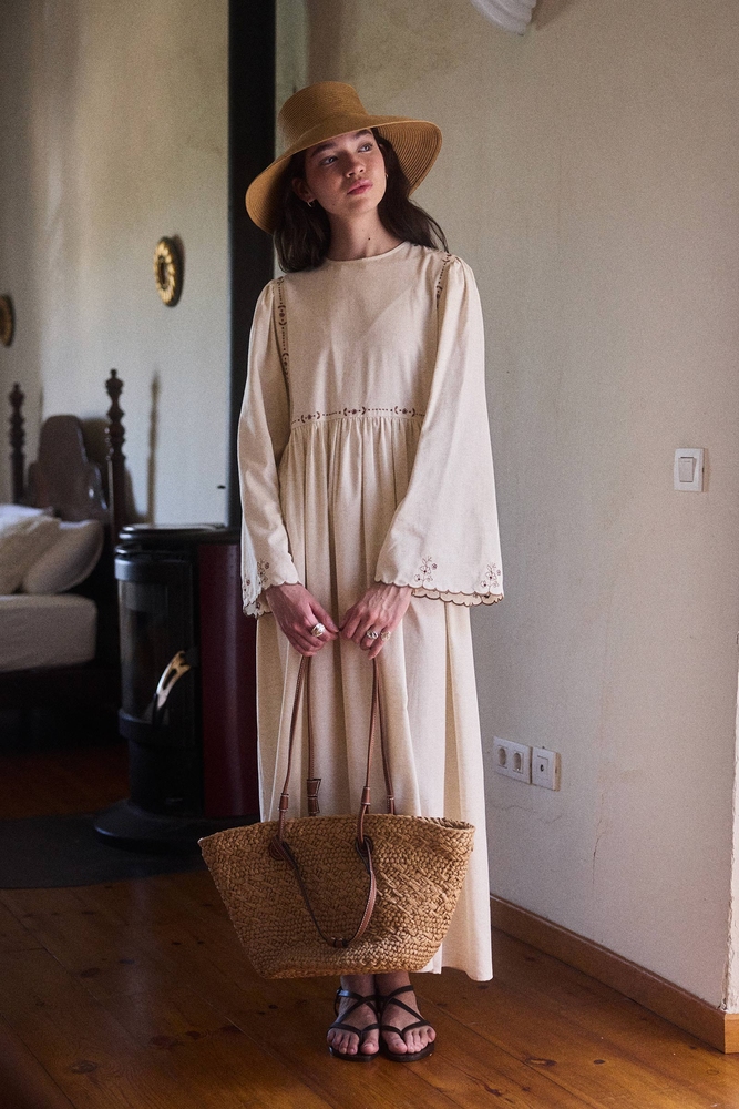 BE BLUE - NATÜREL NAKIŞ DETAYLI PAMUK KETEN ELBİSE