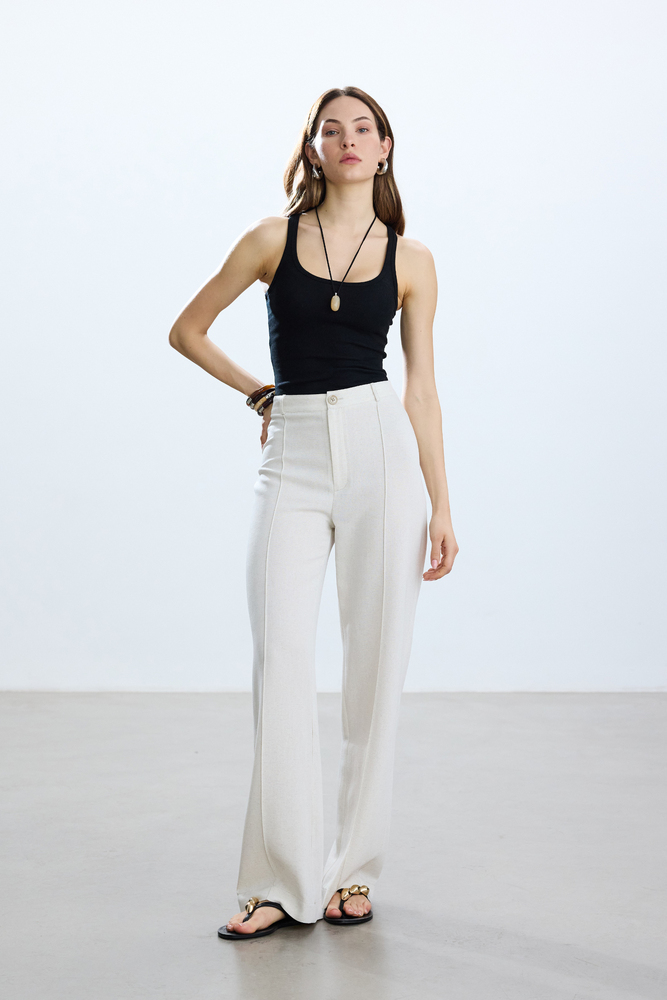 BE BLUE - NATÜREL NERVÜRLÜ VİSKON KETEN PANTOLON