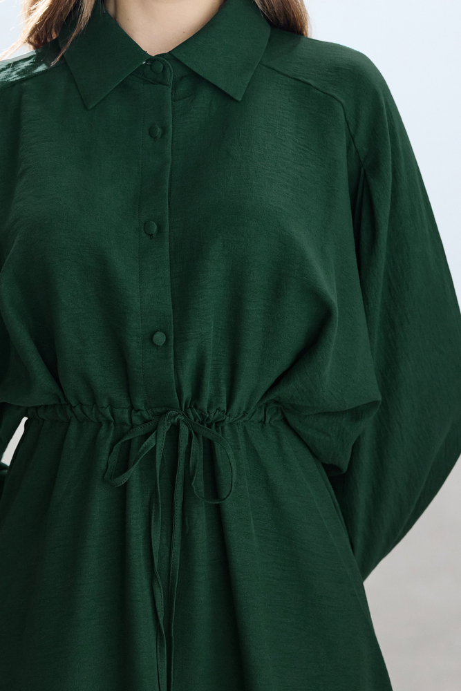 BE BLUE - ORMAN YEŞİLİ BELİ BÜZGÜLÜ ELBİSE