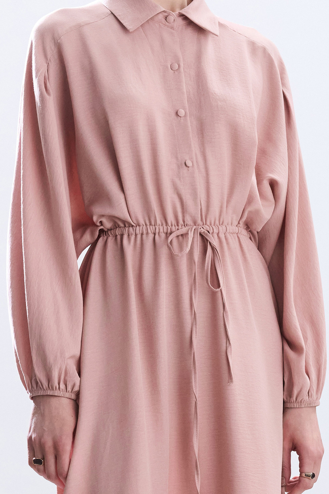 BE BLUE - PASTEL PEMBE BELİ BÜZGÜLÜ ELBİSE