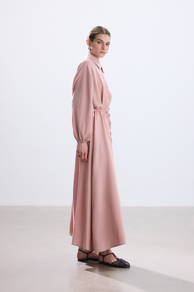 BE BLUE - PASTEL PEMBE BELİ BÜZGÜLÜ ELBİSE