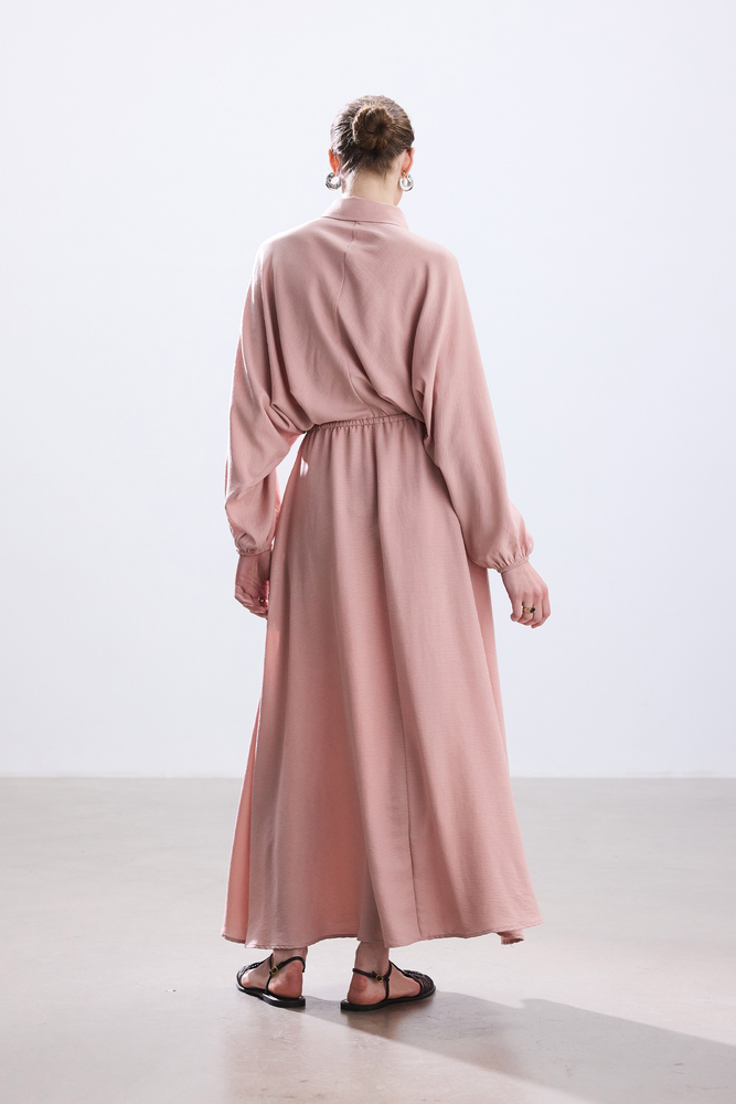 BE BLUE - PASTEL PEMBE BELİ BÜZGÜLÜ ELBİSE