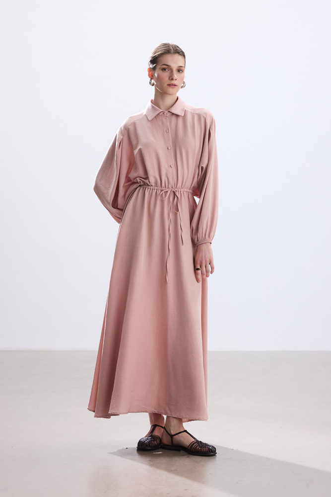 BE BLUE - PASTEL PEMBE BELİ BÜZGÜLÜ ELBİSE