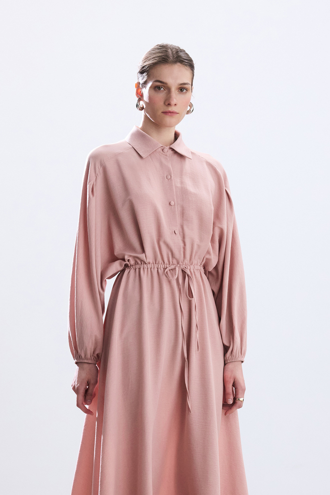 BE BLUE - PASTEL PEMBE BELİ BÜZGÜLÜ ELBİSE