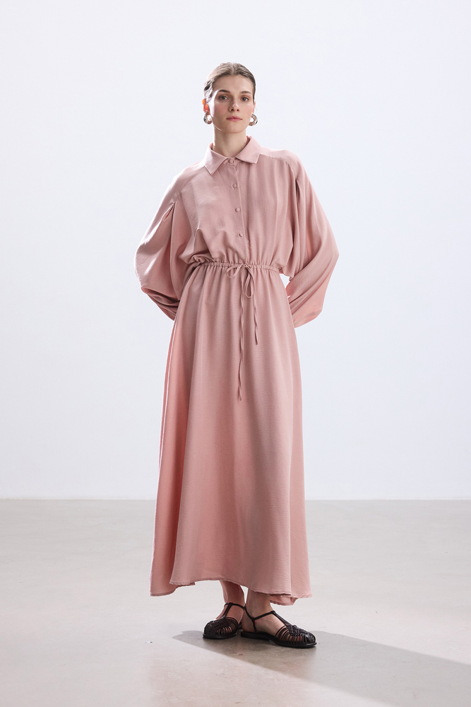 BE BLUE - PASTEL PEMBE BELİ BÜZGÜLÜ ELBİSE