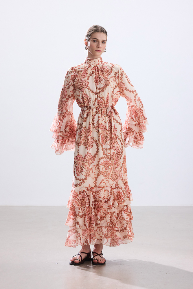 BE BLUE - PEMBE ŞAL DESENLİ VOLANLI ELBİSE