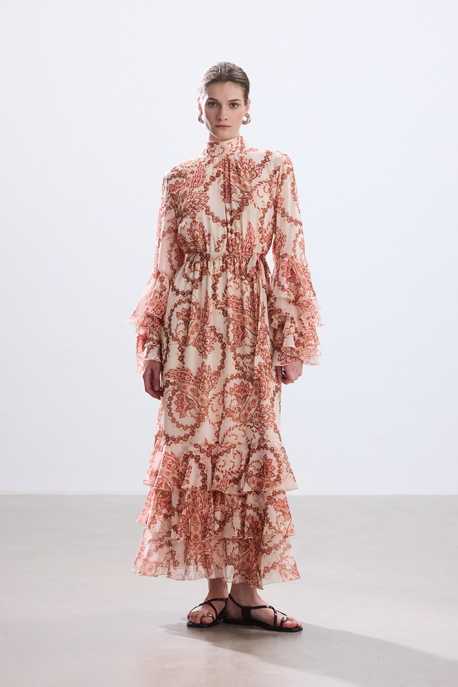 BE BLUE - PEMBE ŞAL DESENLİ VOLANLI ELBİSE