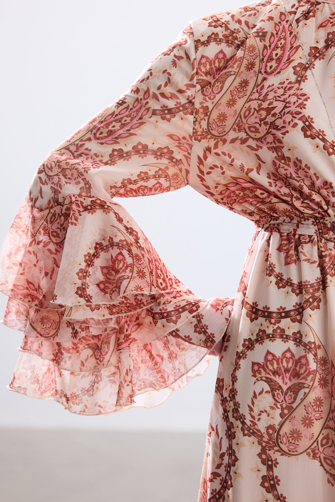 BE BLUE - PEMBE ŞAL DESENLİ VOLANLI ELBİSE