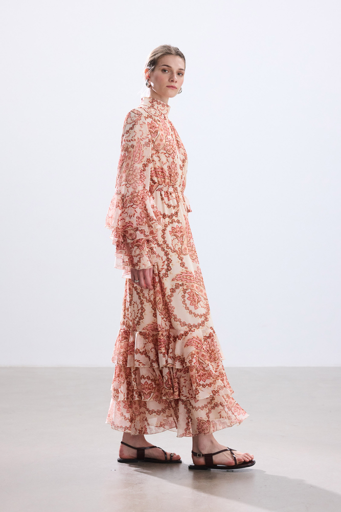 BE BLUE - PEMBE ŞAL DESENLİ VOLANLI ELBİSE