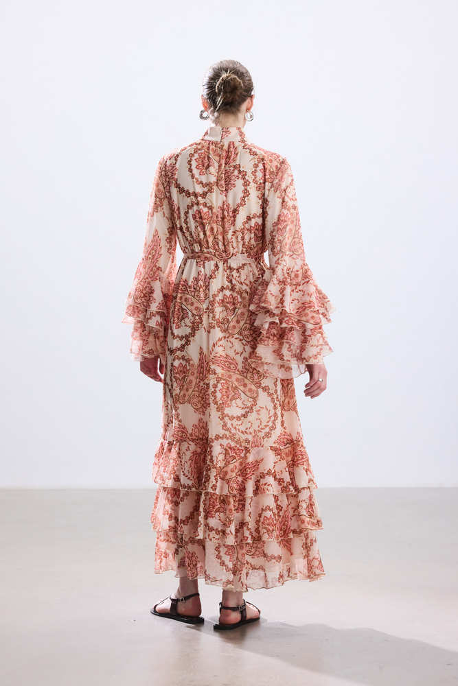 BE BLUE - PEMBE ŞAL DESENLİ VOLANLI ELBİSE