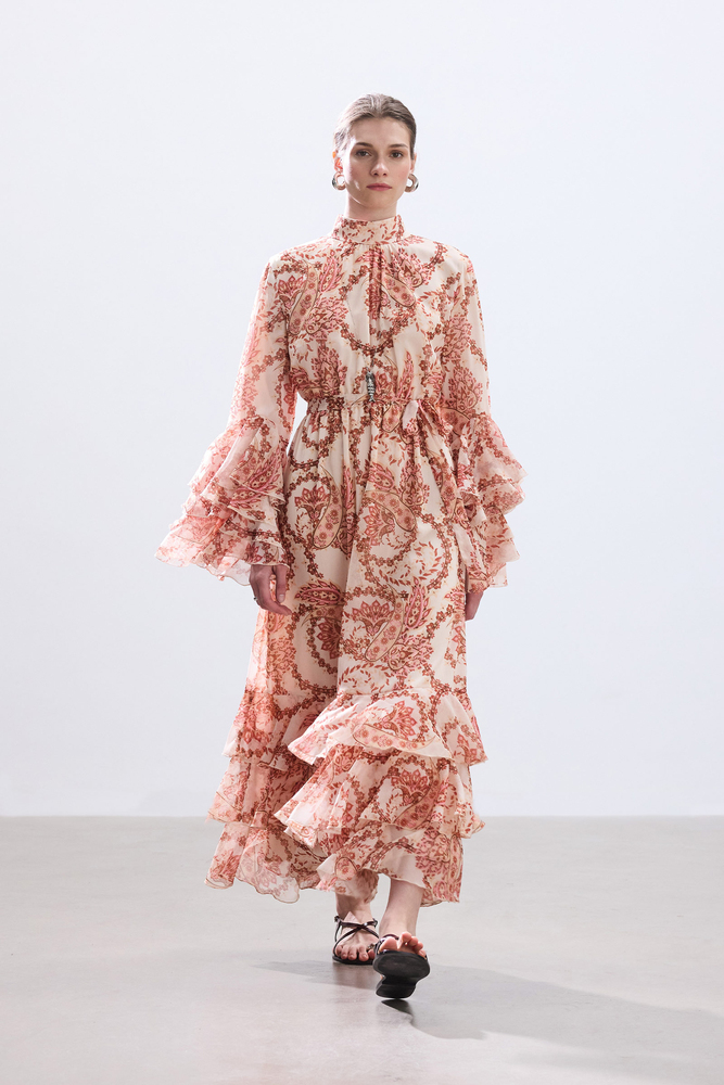 BE BLUE - PEMBE ŞAL DESENLİ VOLANLI ELBİSE