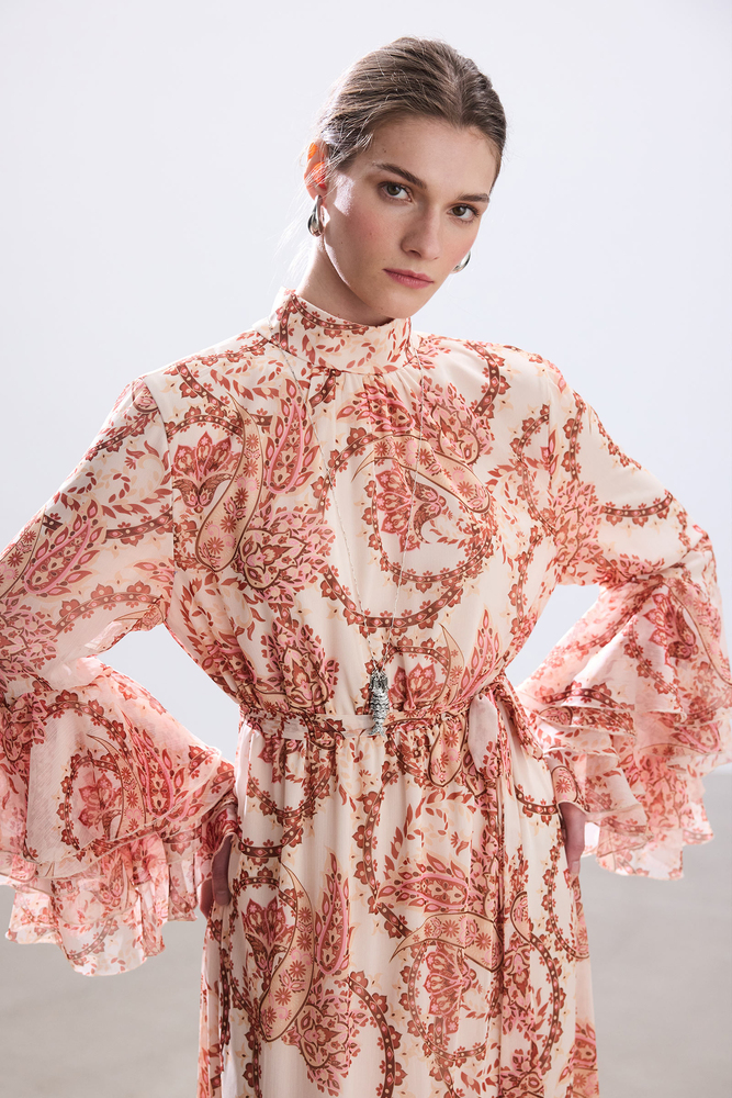 BE BLUE - PEMBE ŞAL DESENLİ VOLANLI ELBİSE