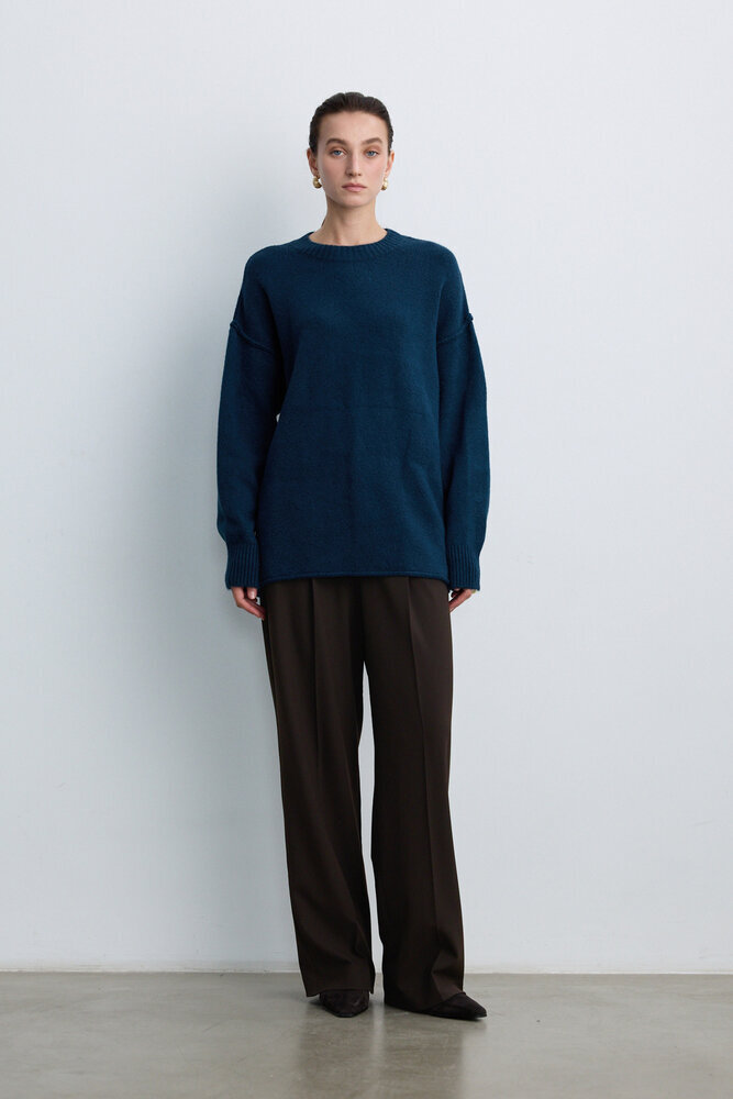 BE BLUE - PETROL DİKİŞ DETAYLI TRİKO KAZAK