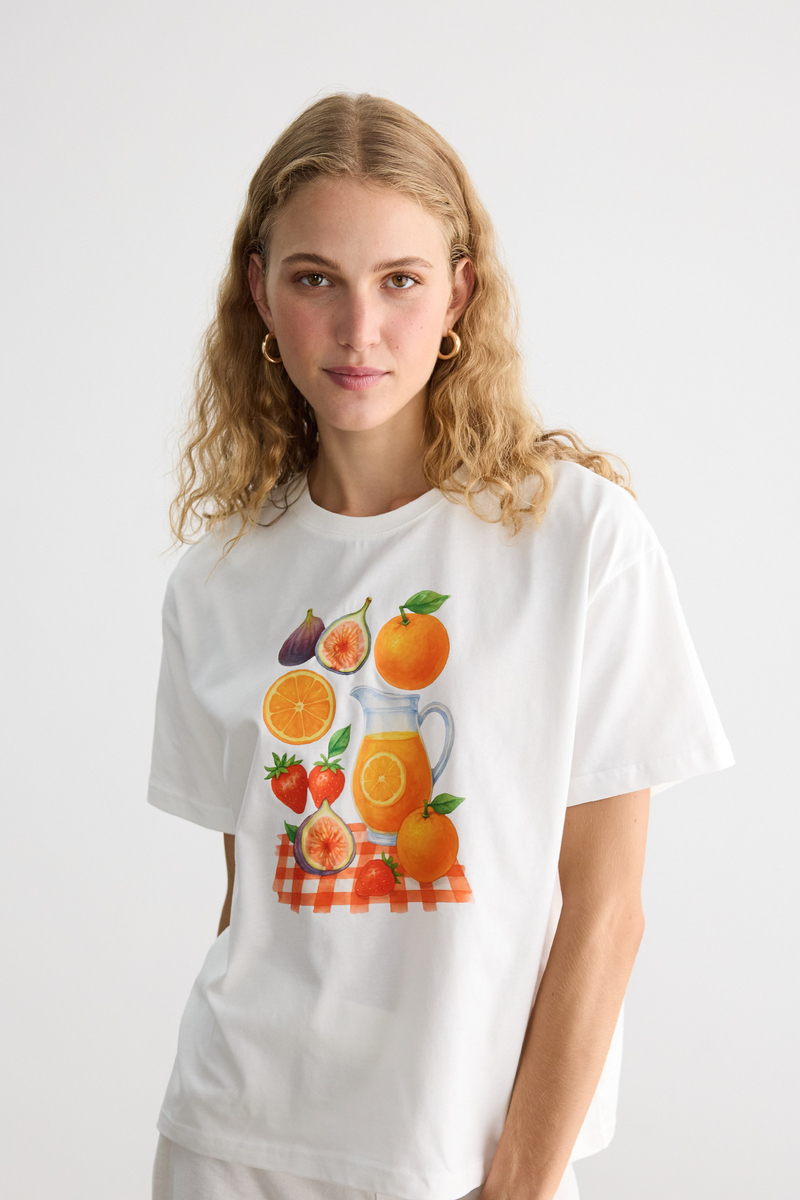 PORTAKAL BASKILI KISA KOLLU T-SHIRT