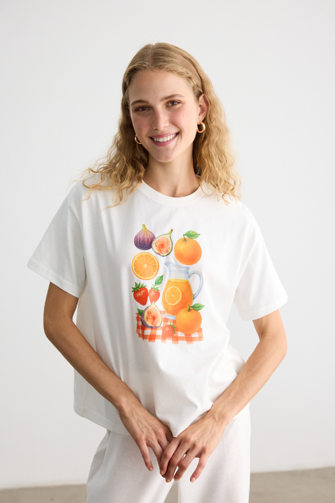 BE BLUE - PORTAKAL BASKILI KISA KOLLU T-SHIRT