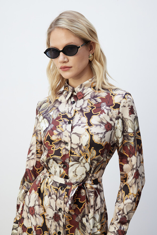 BE BLUE - RETRO FLORAL DESENLİ GÖMLEK ELBİSE