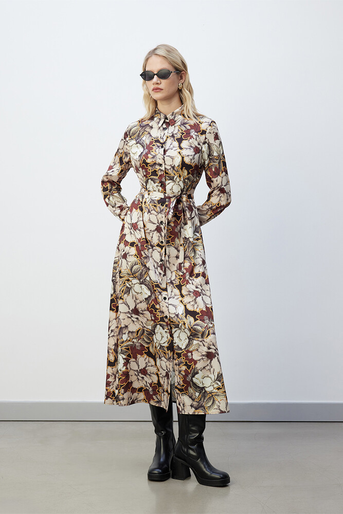 BE BLUE - RETRO FLORAL DESENLİ GÖMLEK ELBİSE