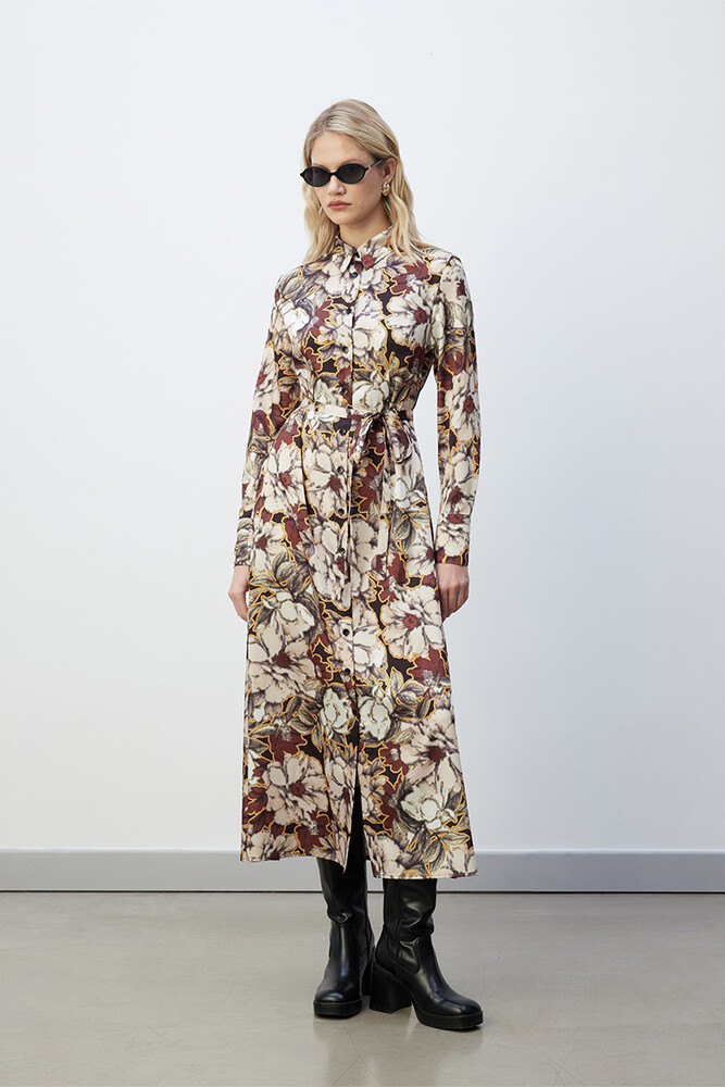 BE BLUE - RETRO FLORAL DESENLİ GÖMLEK ELBİSE