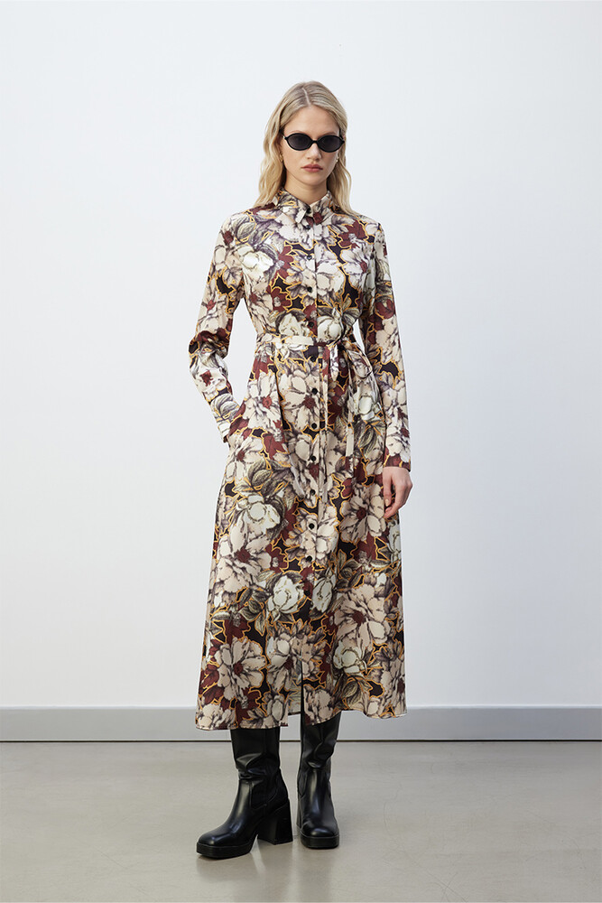 BE BLUE - RETRO FLORAL DESENLİ GÖMLEK ELBİSE