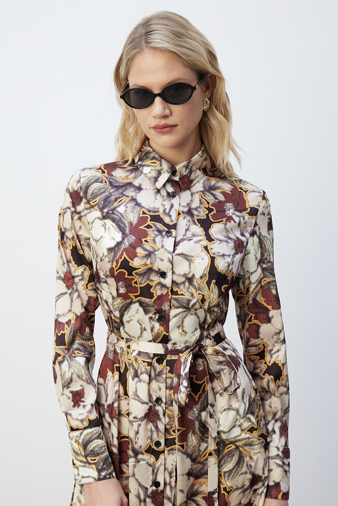 BE BLUE - RETRO FLORAL DESENLİ GÖMLEK ELBİSE