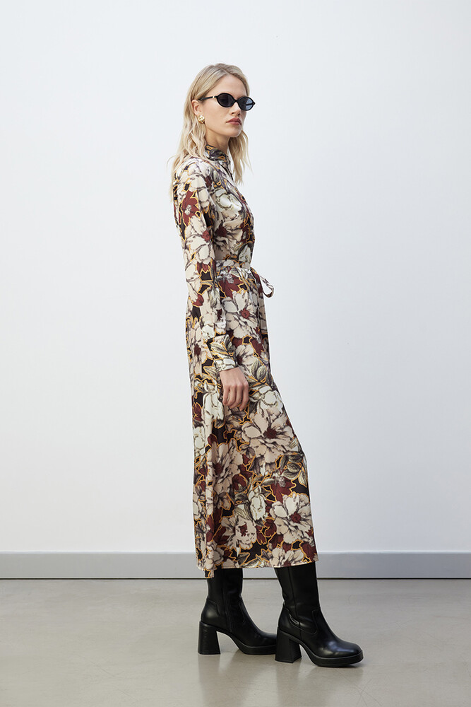 BE BLUE - RETRO FLORAL DESENLİ GÖMLEK ELBİSE