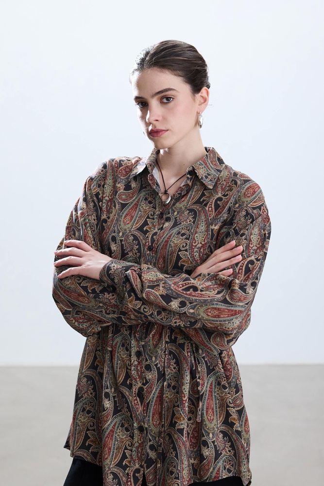 BE BLUE - RETRO ŞAL DESENLİ VINTAGE GÖMLEK