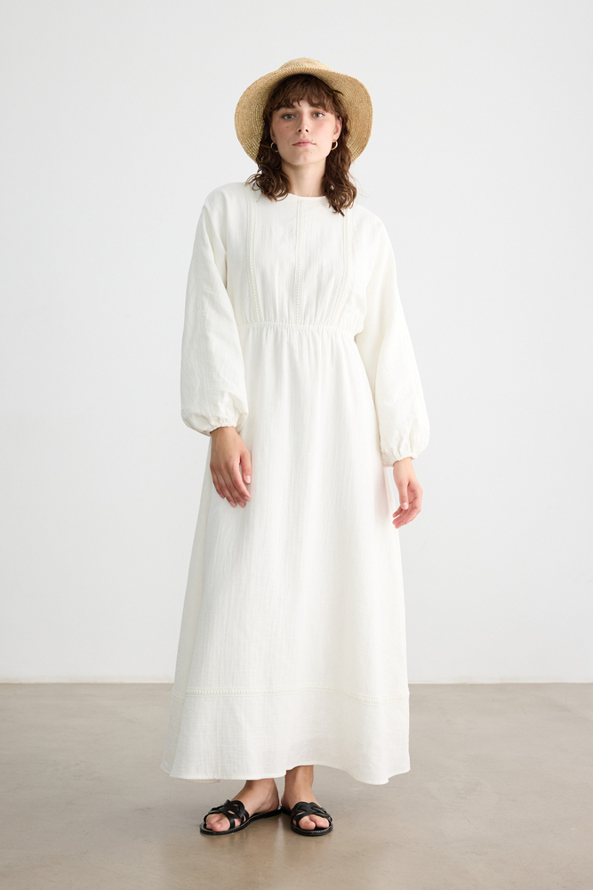 BE BLUE - BEYAZ ŞERİT DETAYLI MÜSLİN ELBİSE