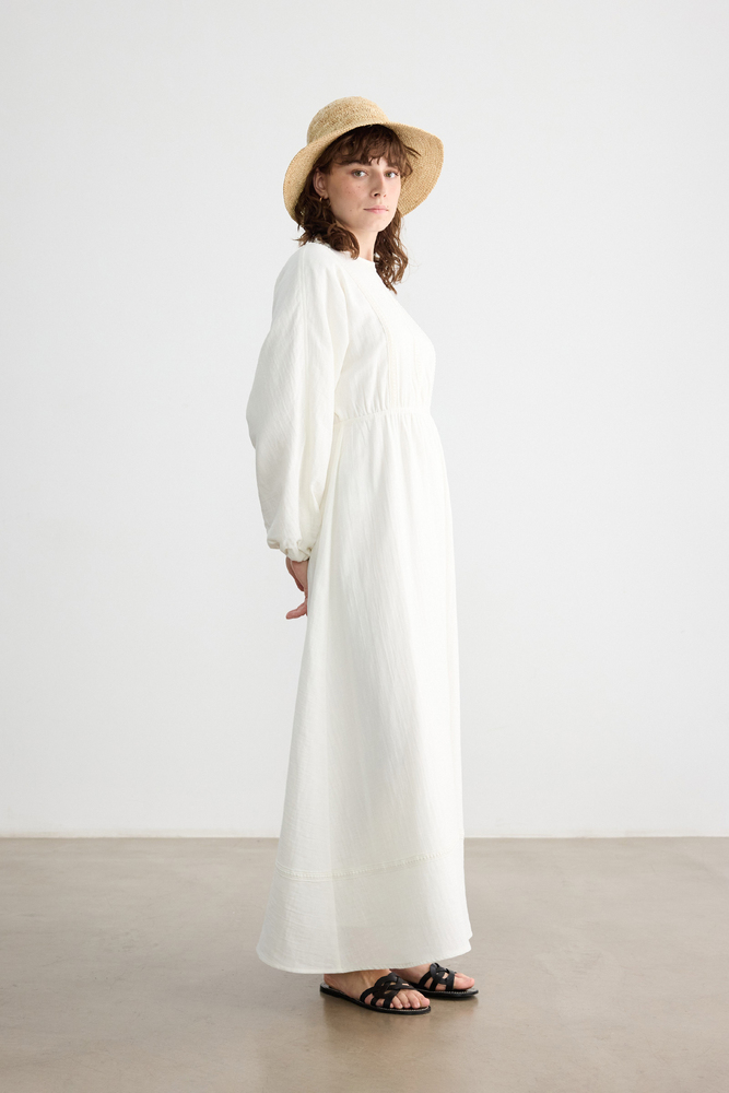 BE BLUE - BEYAZ ŞERİT DETAYLI MÜSLİN ELBİSE