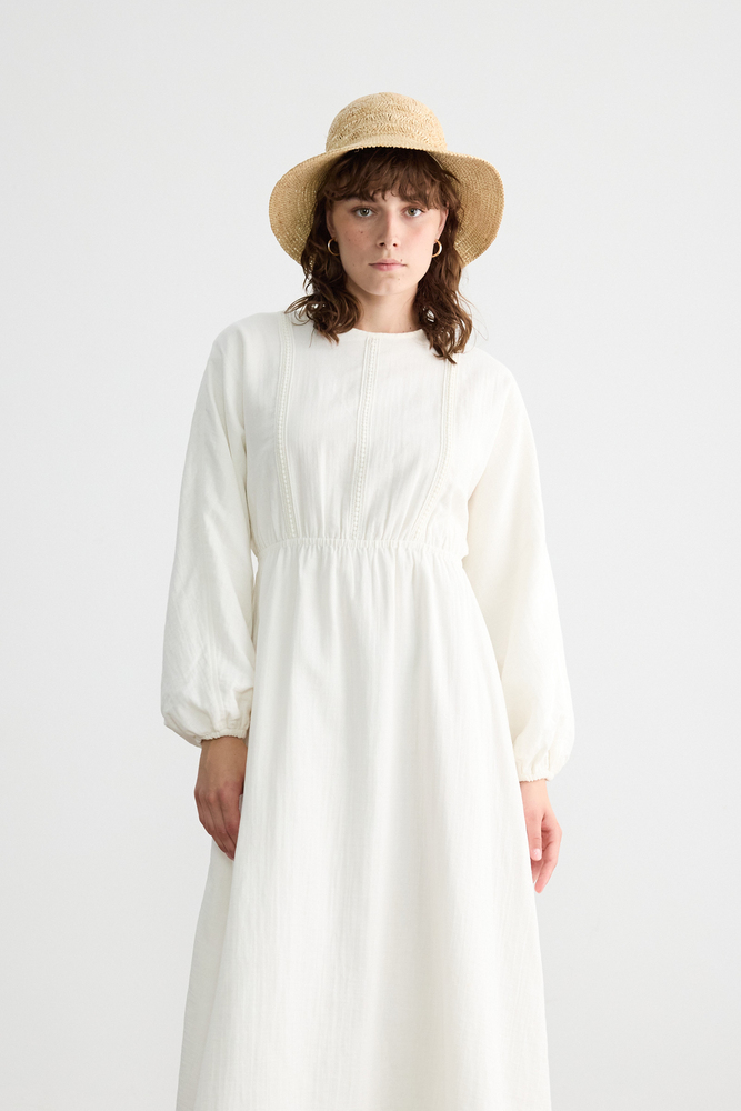 BE BLUE - BEYAZ ŞERİT DETAYLI MÜSLİN ELBİSE