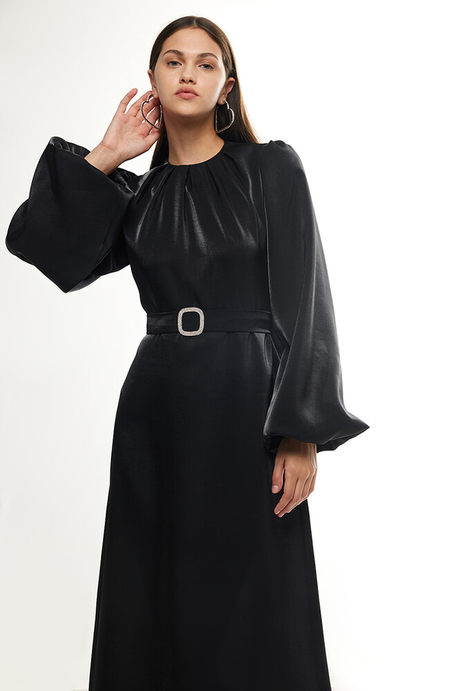 BE BLUE - SİYAH BALON KOLLU GECE ELBİSESİ