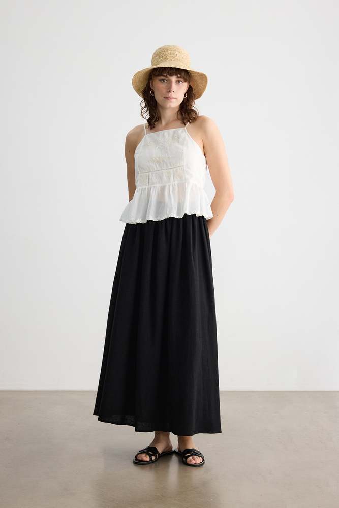 BE BLUE - SİYAH BELİ BÜZGÜLÜ PAMUK KETEN ETEK