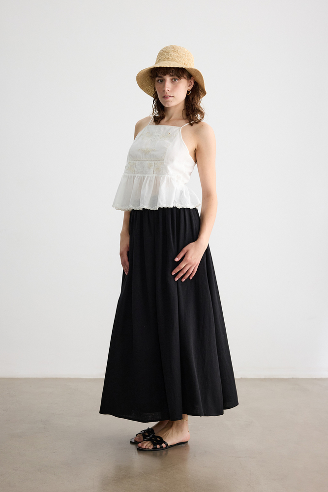 BE BLUE - SİYAH BELİ BÜZGÜLÜ PAMUK KETEN ETEK (1)