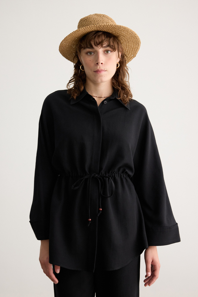 BE BLUE - SİYAH BONCUK DETAYLI VİSKON KETEN GÖMLEK