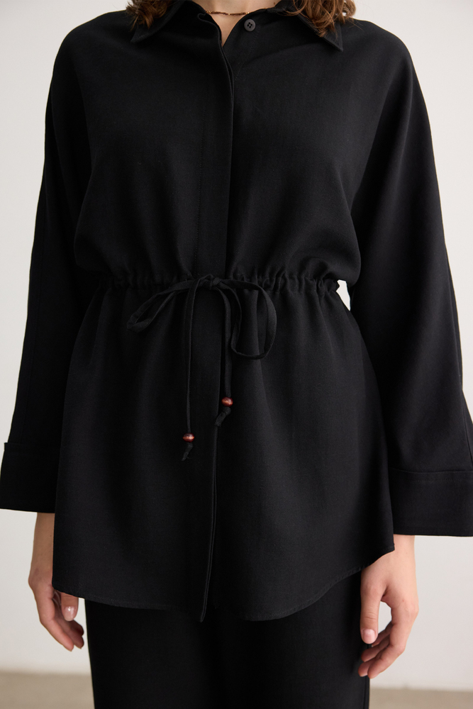 BE BLUE - SİYAH BONCUK DETAYLI VİSKON KETEN GÖMLEK