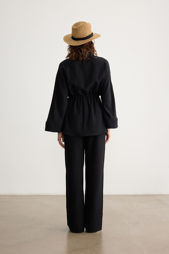 BE BLUE - SİYAH BONCUK DETAYLI VİSKON KETEN GÖMLEK