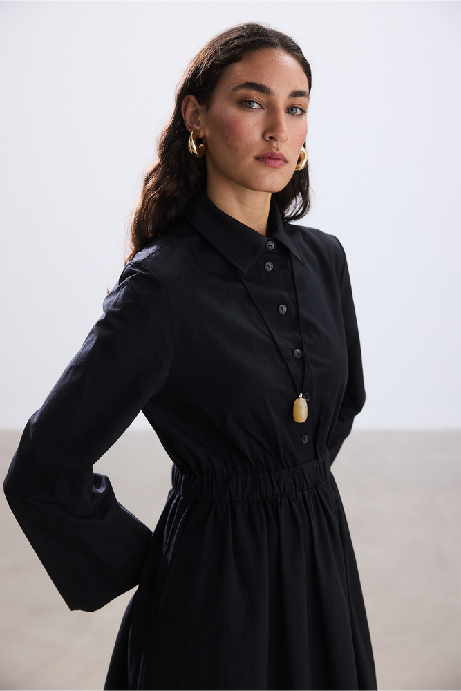 BE BLUE - SİYAH CEP DETAYLI POPLİN GÖMLEK ELBİSE