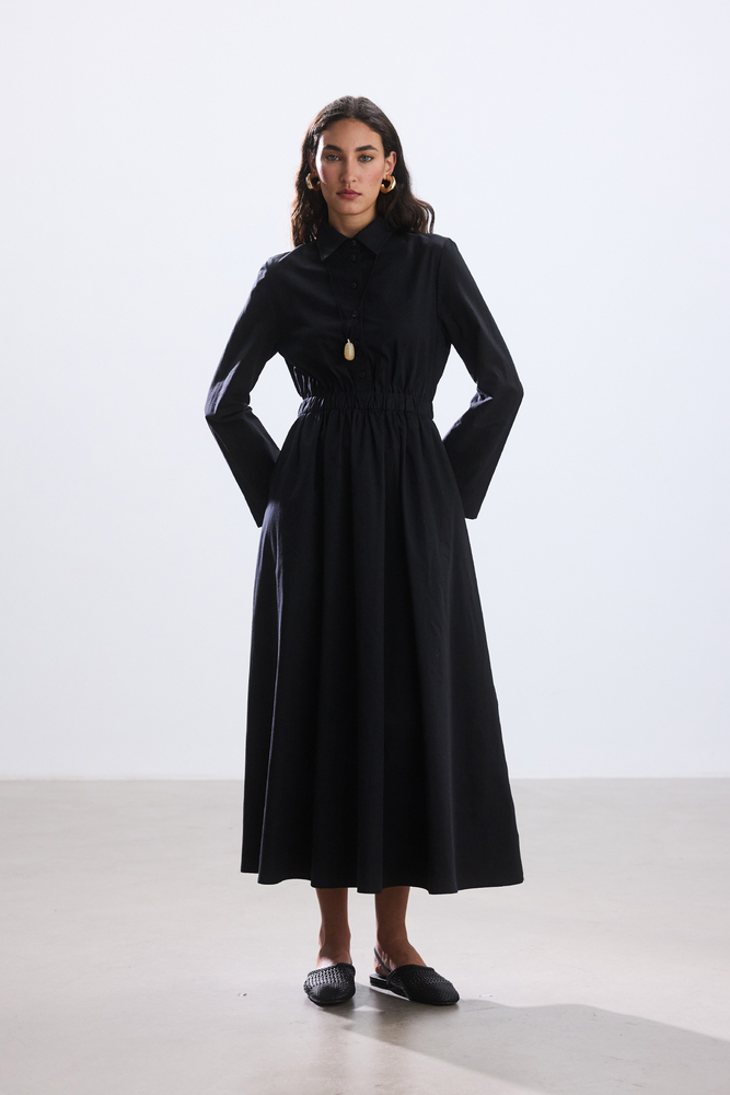 BE BLUE - SİYAH CEP DETAYLI POPLİN GÖMLEK ELBİSE