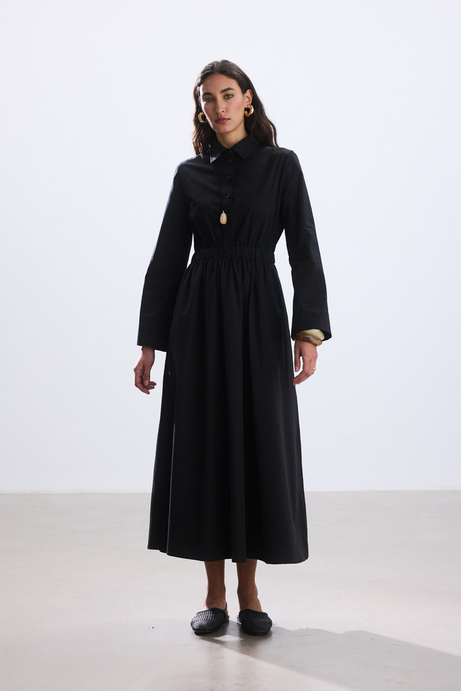 BE BLUE - SİYAH CEP DETAYLI POPLİN GÖMLEK ELBİSE