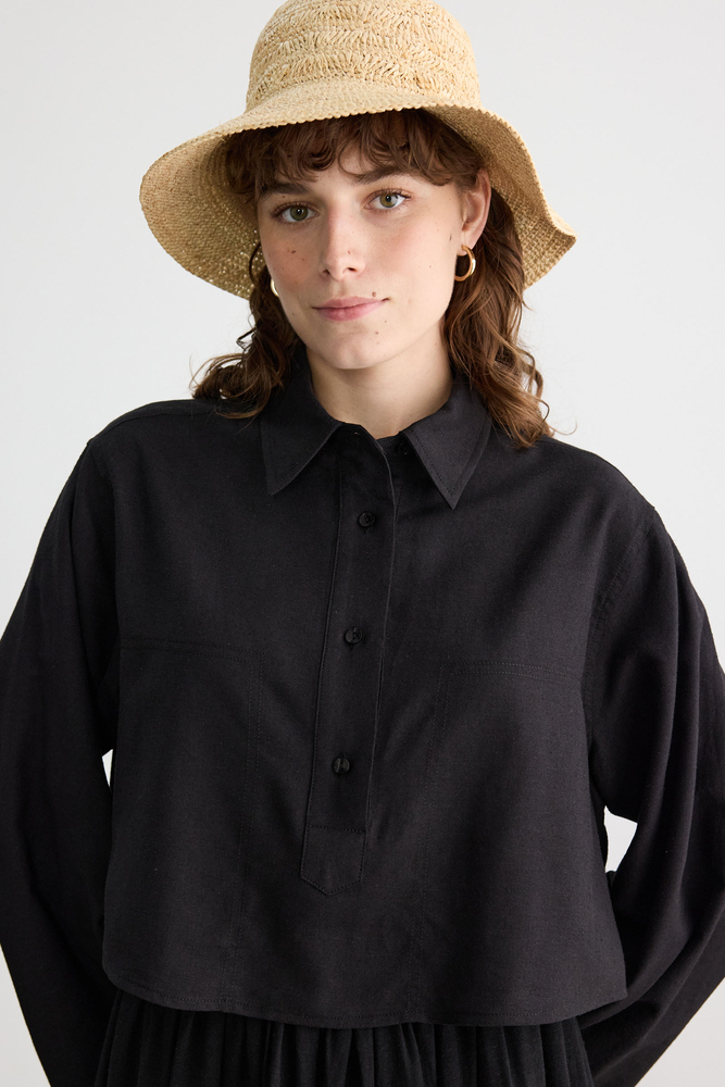 BE BLUE - SİYAH DİKİŞ DETAYLI PAMUK KETEN GÖMLEK