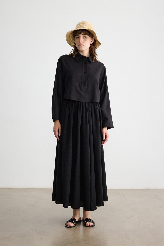 BE BLUE - SİYAH DİKİŞ DETAYLI PAMUK KETEN GÖMLEK (1)