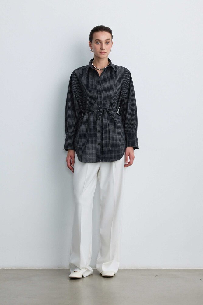 BE BLUE - SİYAH EKOSE DESENLİ KUŞAKLI GÖMLEK