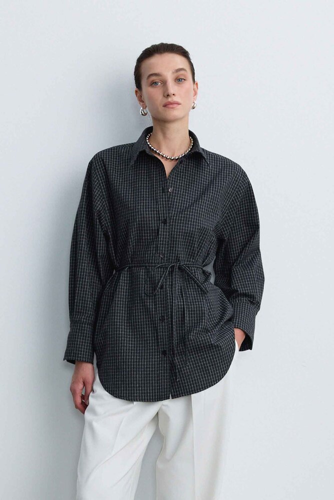 BE BLUE - SİYAH EKOSE DESENLİ KUŞAKLI GÖMLEK