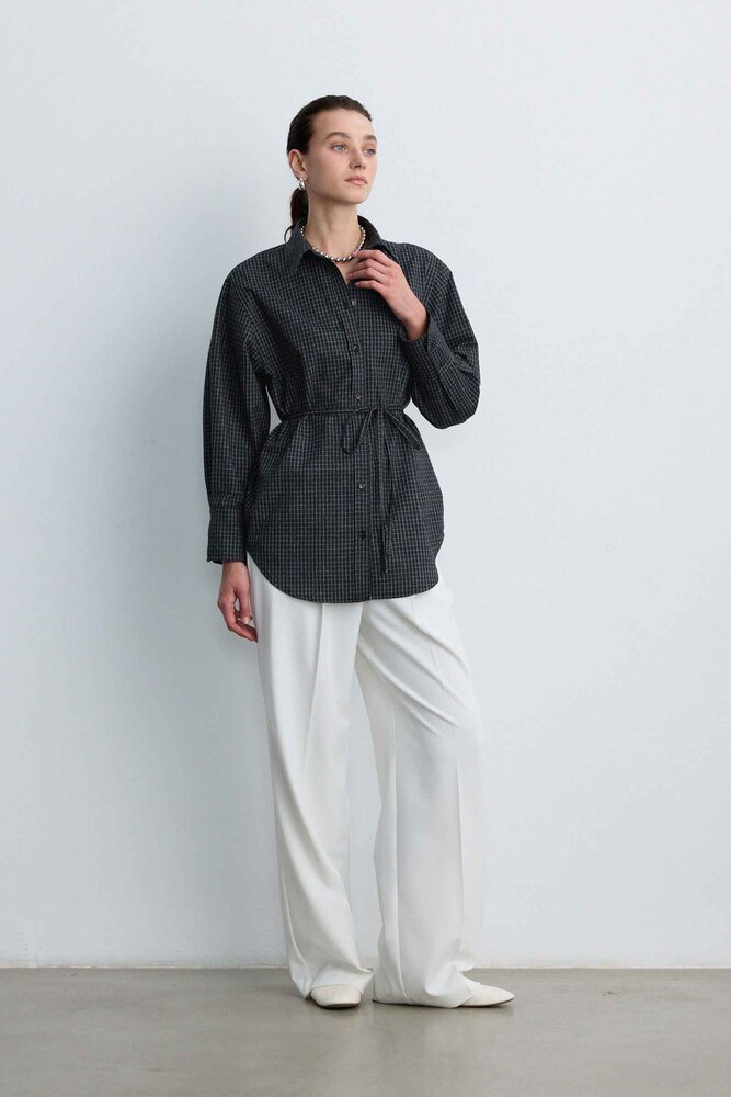 BE BLUE - SİYAH EKOSE DESENLİ KUŞAKLI GÖMLEK