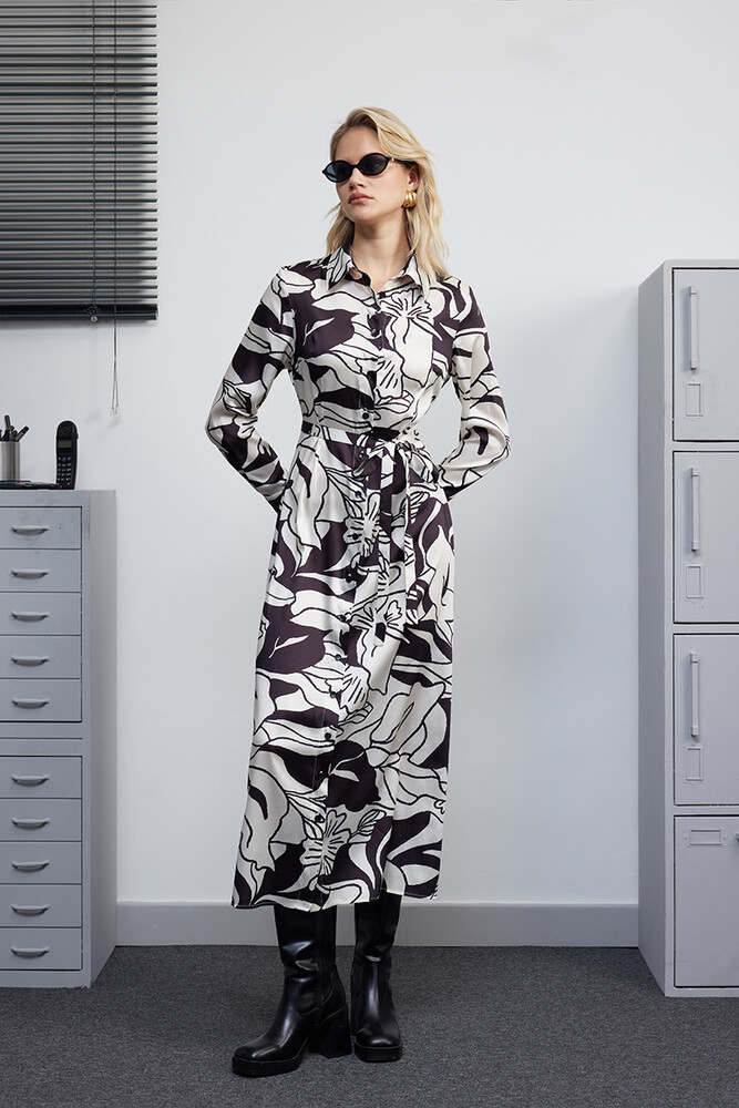 BE BLUE - SİYAH FLORAL DESENLİ GÖMLEK ELBİSE