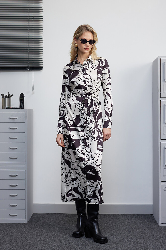 BE BLUE - SİYAH FLORAL DESENLİ GÖMLEK ELBİSE