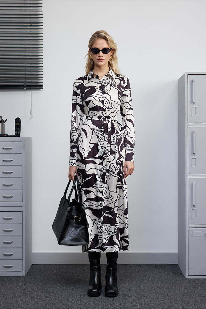 BE BLUE - SİYAH FLORAL DESENLİ GÖMLEK ELBİSE